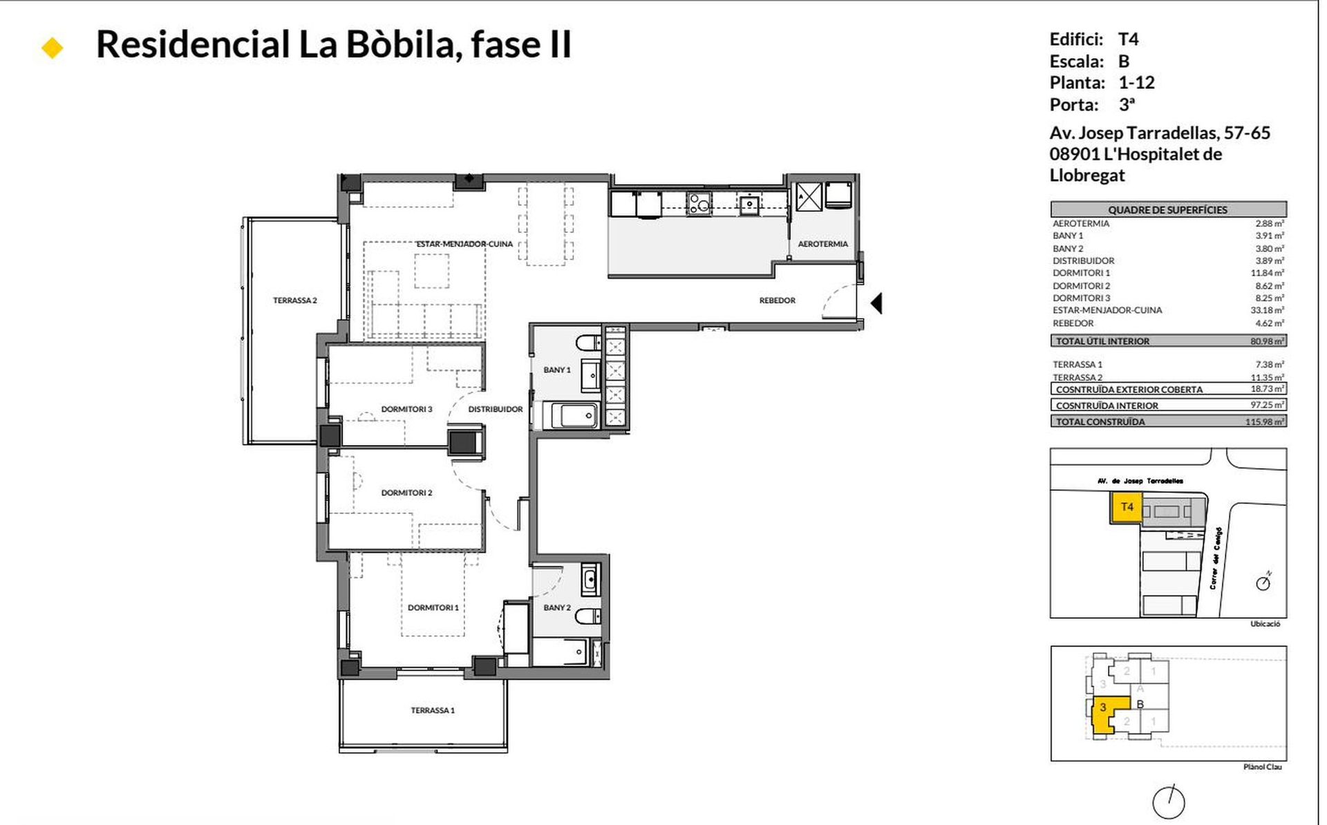 3 dormitorios, torre · 116 m²