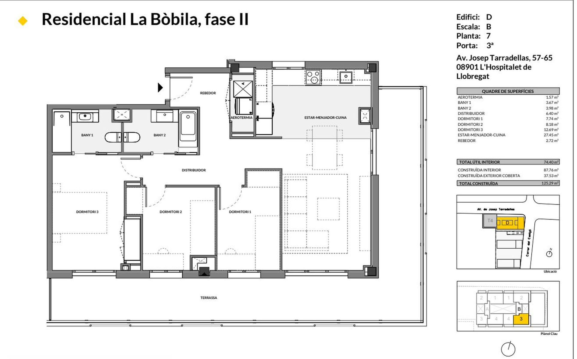 3 dormitorios con terraza de 37 m² · 125 m²