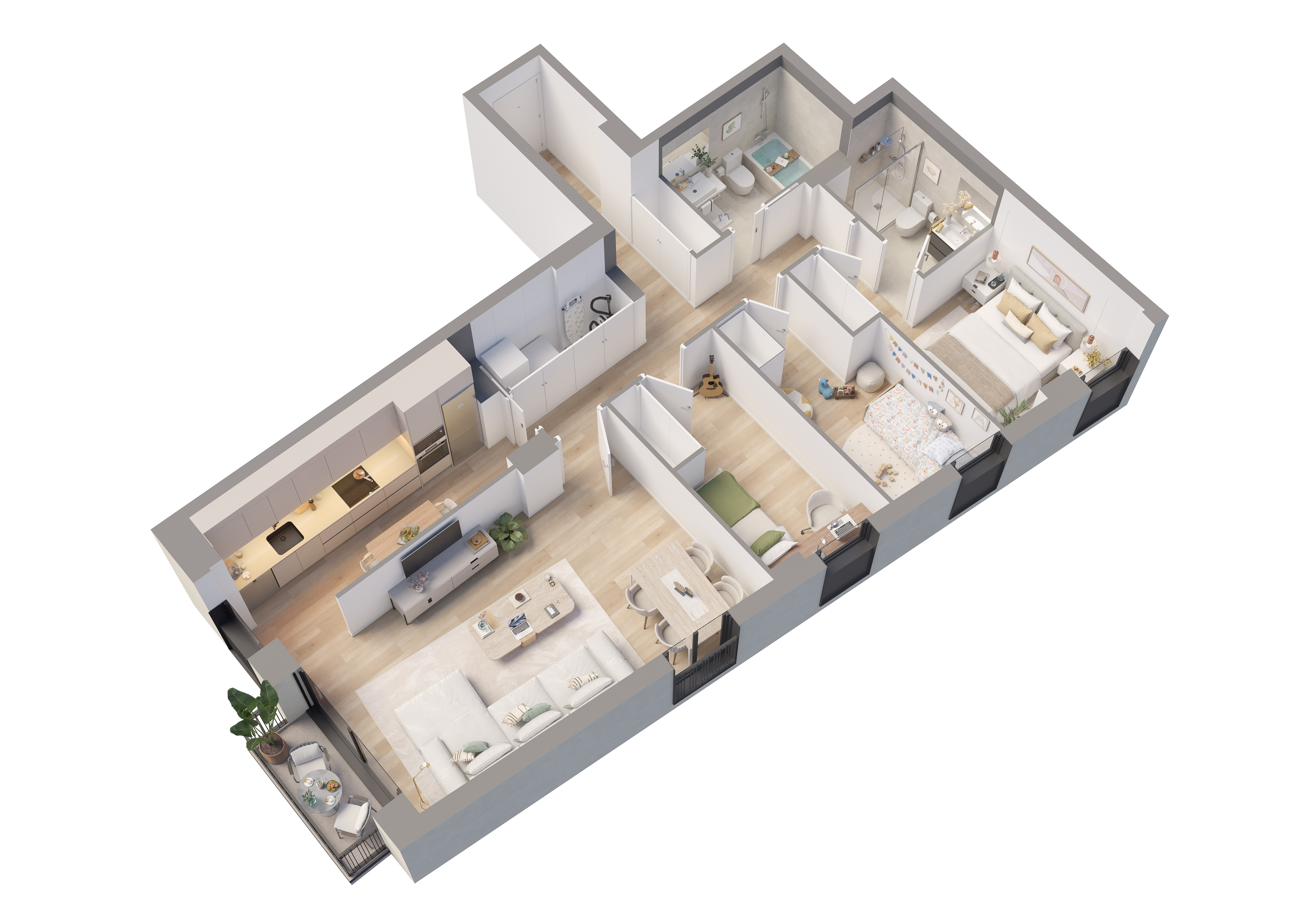 Distribución en tres dimensiones de una vivienda tipo