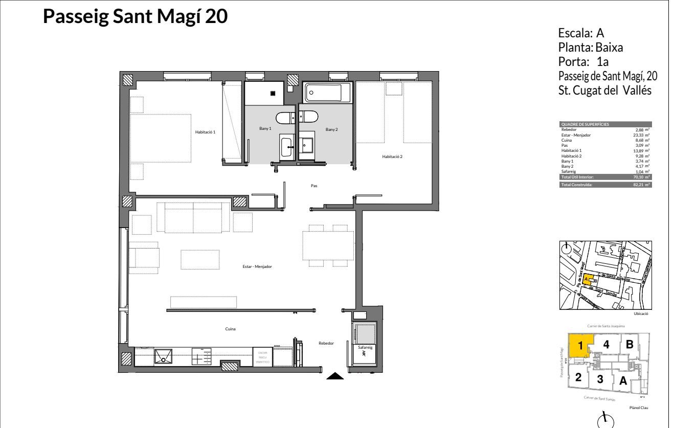 Plano de vivienda de 2 dormitorios y 2 baños en planta baja, escalera A, 82,21 m² construidos