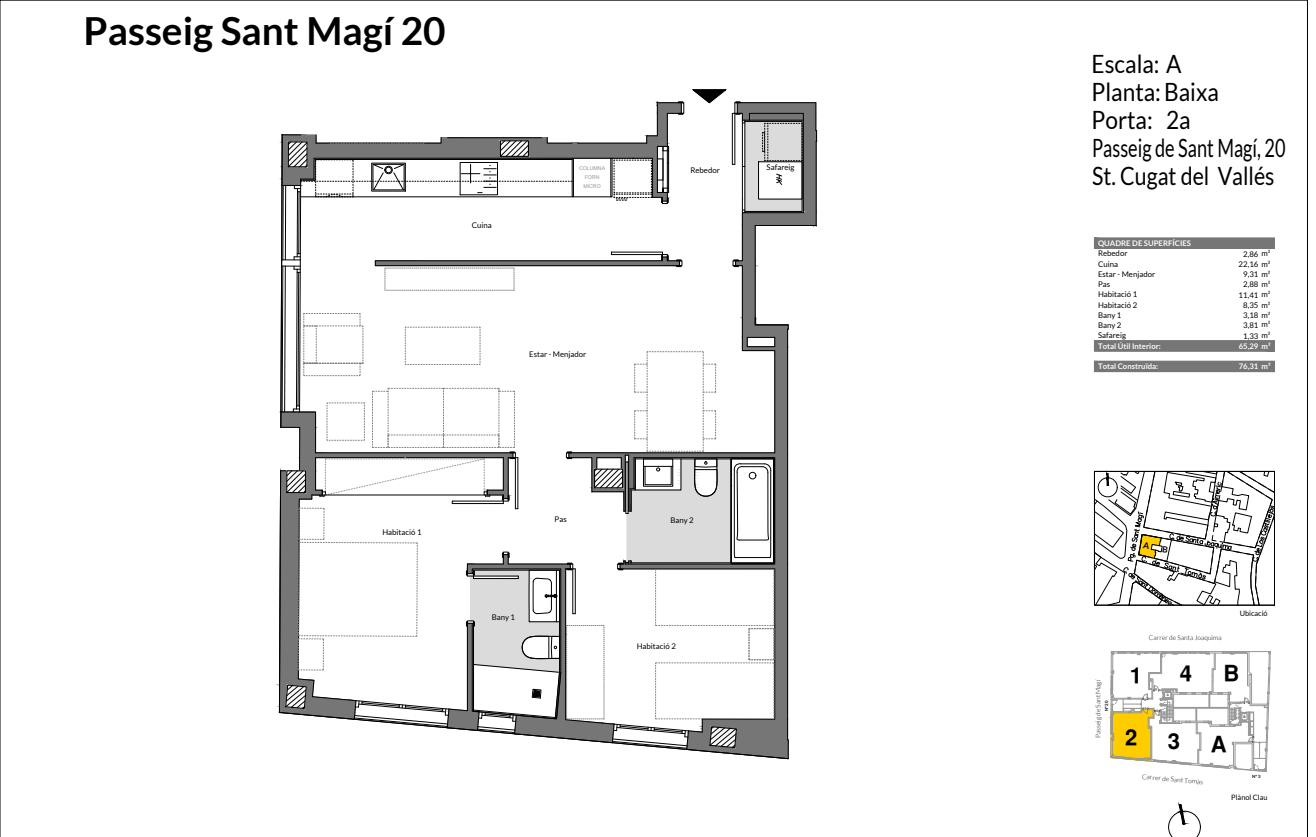Plano de vivienda de 2 dormitorios y 2 baños en planta baja, escalera A, 76,31 m² construidos
