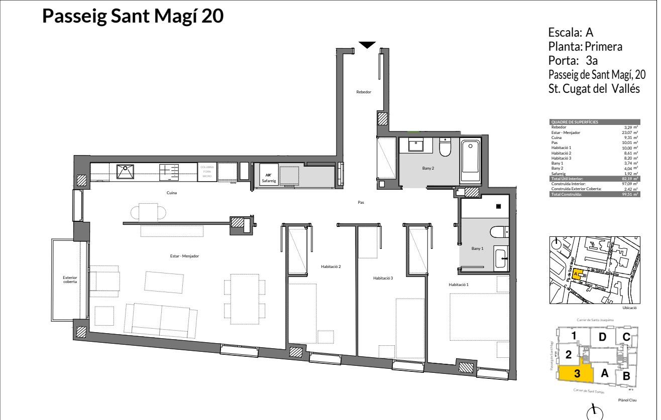 Plano de vivienda de 3 dormitorios y 2 baños en la escalera A, 99,51 m² construidos