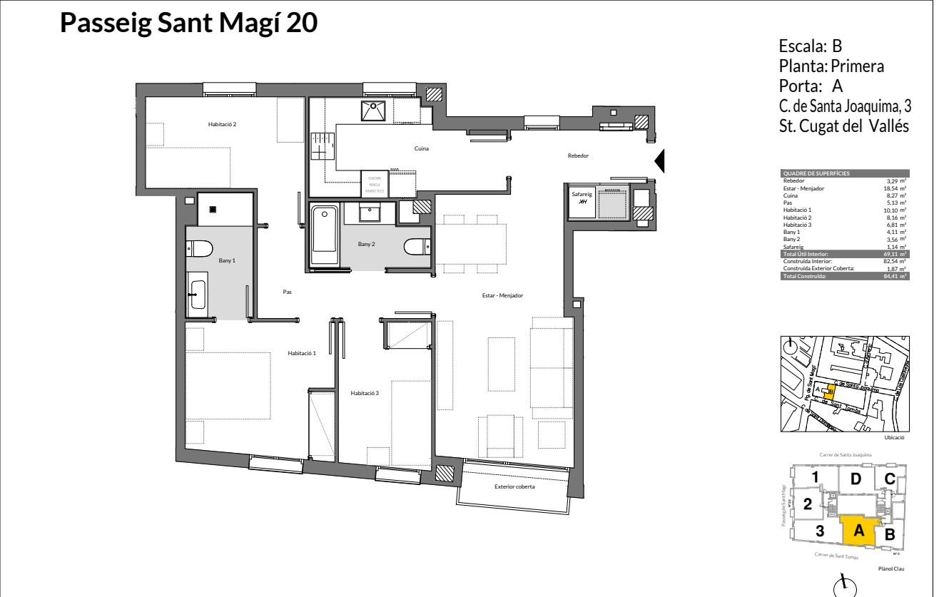 Plano de vivienda de 3 dormitorios y 2 baños en la escalera B, 84,44 m² construidos