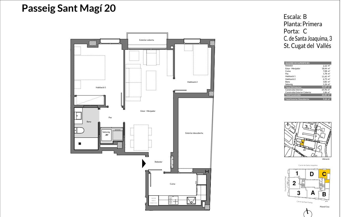 Plano de vivienda de 2 dormitorios y 1 baño en la escalera B, 66,86 m² construidos más 9,24 m² descubiertos