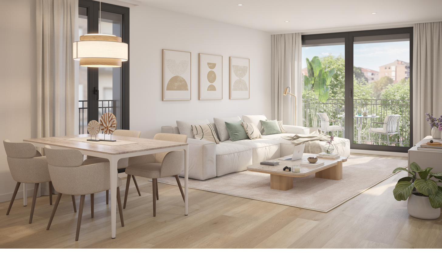 Salón comedor con cocina abierta de una vivienda tipo